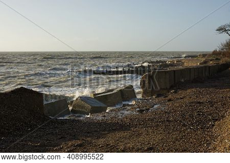 Stormy Weather With Waves On Shingle Beach At Climping Near Littlehampton, West Sussex, England. Sto