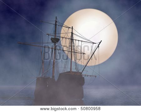 Pirate Ship With Moonlight And Fog