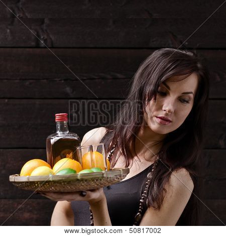 Young Beautiful Woman With Tequila And Citrus