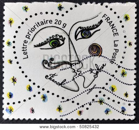 France - Circa 2003: A Stamp Printed In France Shows Two People Kissing In A Heart By Franck Sorbier