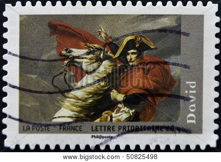 A stamp printed in France shows Napoleon at the Saint-Bernard Pass (fragment) by David