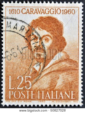 a stamp celebrates the third centenary of the death of Caravaggio showing an image of artist
