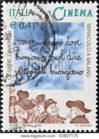 A stamp printed in Italy dedicated to film miracle in Milan