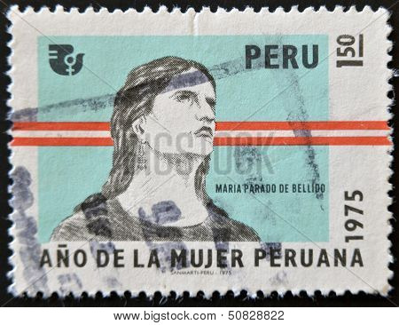 A stamp printed in Peru dedicated to years of Peruvian women shows Maria Parado de Bellido