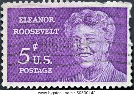 A stamp printed in USA shows Anna Eleanor Roosevelt portrait (1884 - 1962)