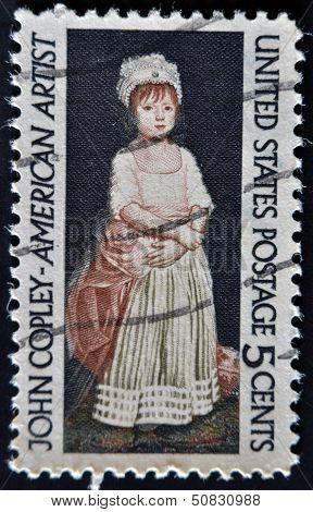 A stamp printed in USA shows a picture of Elizabeth Clarke by John Copley