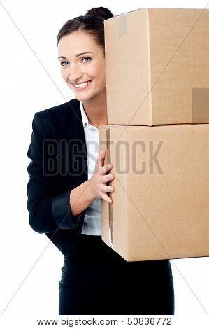 Female Executive Holding Cartons