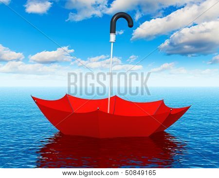 Red floating umbrella in the sea