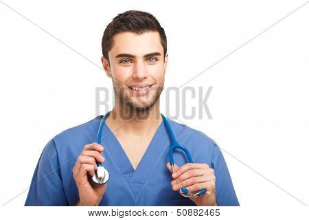 Portrait of an handsome doctor holding his stethoscope. Isolated on white