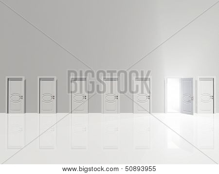 Sinigle open doo remits light  in huge white wall in white space