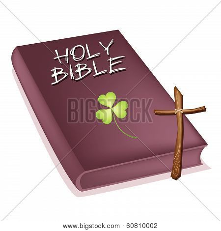 Holy Bible With Wooden Cross And Clover