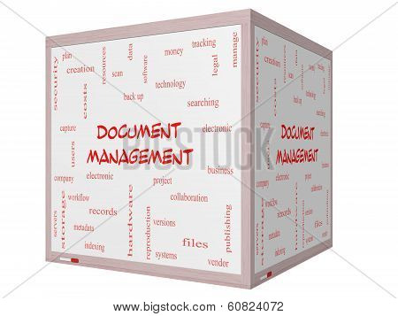 Document Management Word Cloud Concept On A 3D Cube Whiteboard