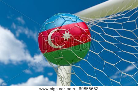 Flag Of Azerbajan And Soccer Ball In Goal Net