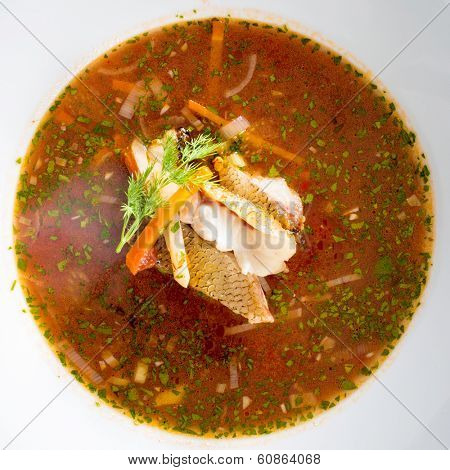 Hot delicious tomato soup with fish and rice served with leek and parsley in a white bowl