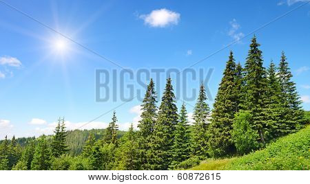 High mountains and sun on blue sky                                    