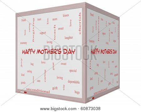 Happy Mother's Day Word Cloud Concept On A 3D Cube Whiteboard