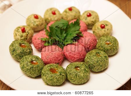 Pkhali appetizers on plate in restaurant, georgian dish