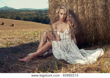 Photo of sexy blonde in a field with haystacks
