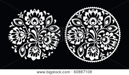 Folk embroidery with flowers - traditional polish round pattern in white