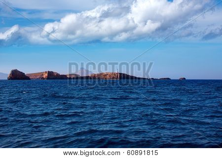 Ibiza Islas bledas Bledes islands with lighthouse from Mediterranean sea of Balearic Islands