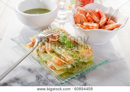 lasagne with shrimp and pesto