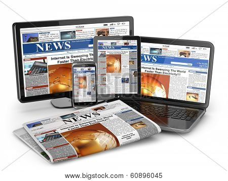 News. Media concept. Laptop, tablet pc, phone and newspaper. 3d