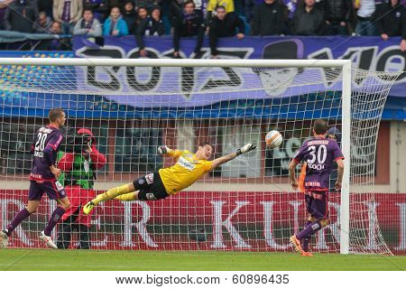 VIENNA,  AUSTRIA - MAY 30 Heinz Lindner (#13 Austria) deflects the ball during the Austrian cup final game on May 30, 2013 in Vienna, Austria.