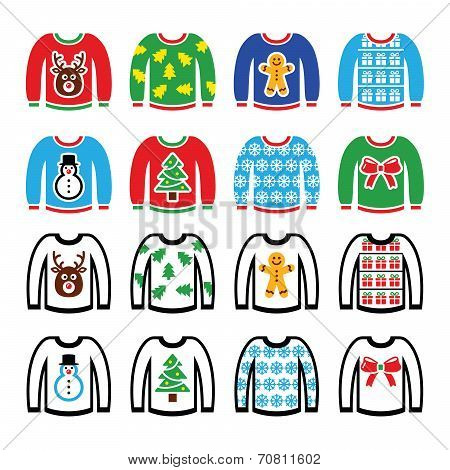 Ugly Christmas sweater on jumper icons set