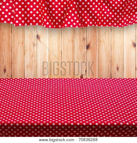 Empty Wooden Deck Table With Tablecloth For Product Montage.