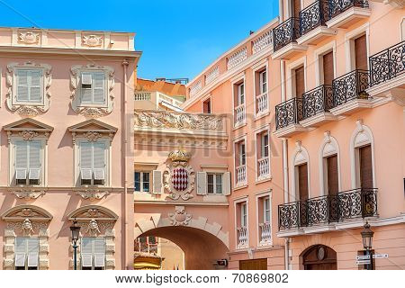 MONACO-VILLE, MONACO - JULY 13, 2013: Typical architecture of Monaco with embedded coat of arms - Royal Arms of Prince Albert II which is reigning monarch and head of Princely House of Grimaldi.