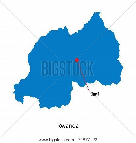 Detailed vector map of Rwanda and capital city Kigali
