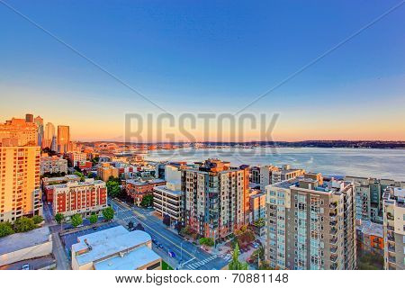 Scenic View Of Mountain Rainer During Sunset. Downtown And Port Of Seattle, Wa State