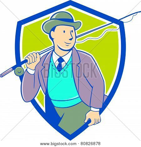 Vintage Fly Fisherman Bowler Hat Shield Cartoon