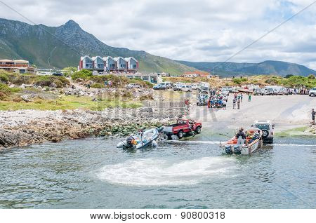 Crayfish Boats Being Pulled Onto Trailers At Kleinmond Harbor.