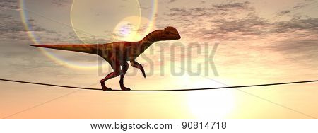 Concept or conceptual abstract business metaphor as wild heavy dinosaurus balancing on rope over sunset sky background banner