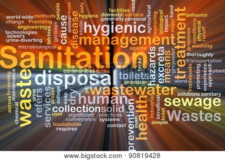 Background concept wordcloud illustration of sanitation glowing light