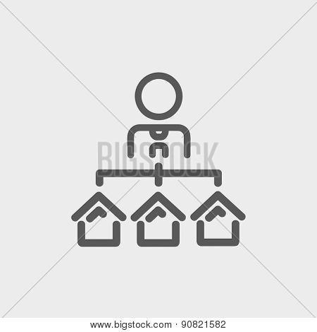 Agent with three houses for sale icon thin line for web and mobile, modern minimalistic flat design. Vector dark grey icon on light grey background.