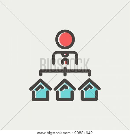 Agent with three houses for sale icon thin line for web and mobile, modern minimalistic flat design. Vector icon with dark grey outline and offset colour on light grey background.