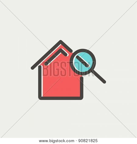 House and magnifying glass icon thin line for web and mobile, modern minimalistic flat design. Vector icon with dark grey outline and offset colour on light grey background.