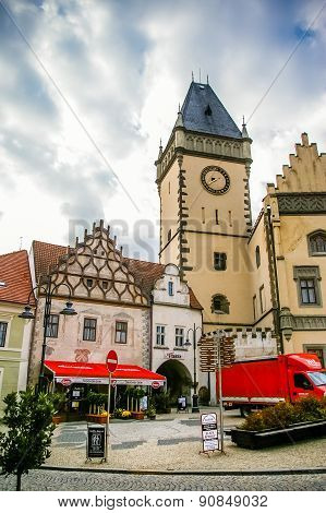 Old town central square panorama in Tabor, Czech Republic