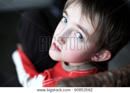 Portrait of beautiful thoughtful little boy with attentive look