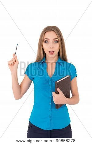 Girl Got An Idea. Beautiful Young Businesswoman In Shirt Pointing Away While Standing Against White