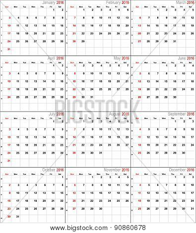 Vector calendar for 2016