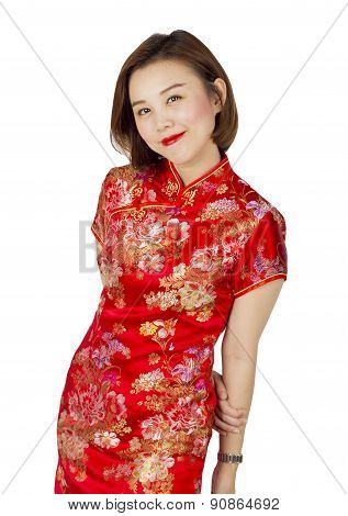 Asian woman in chinese dress traditional cheongsam isolated on white background.