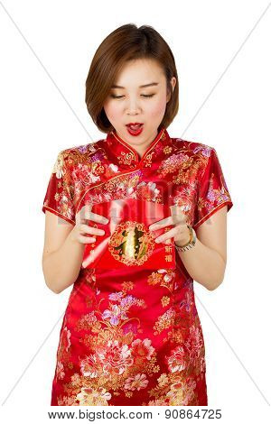 Asian Girl Got Big Surprise Holding Ung-pao Or Red Porcket Gift On Isolated White Background.