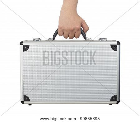 Hand And Arm Holding Silver Luggage Or Brief Case Isolated On White Background.