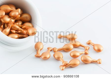 Hair Vitamin Oil Serum Capsule Beauty Care Isolated On White Background.