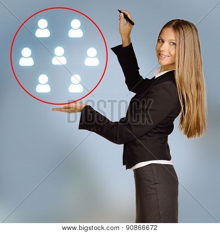 Young girl with red marker has allocated team of icon people choice staff