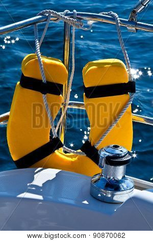 Life Buoy And Capstan On Sailing Yacht