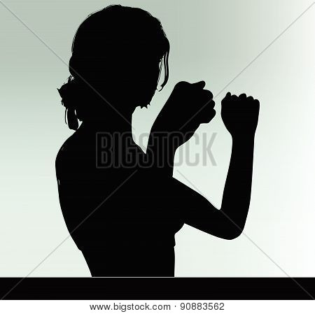 Woman Silhouette With Hand Gesture Power And Might